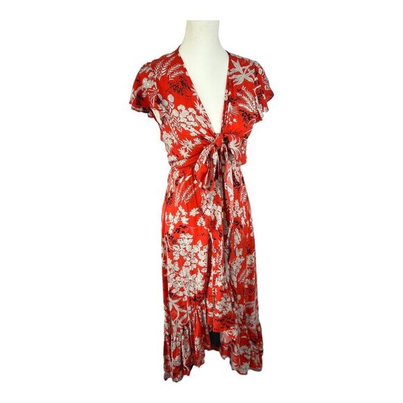 Aakaa Red Sexy Summer Floral Deep V Neck High Low Flowy Front Tie Maxi Dress S - Picture 4 of 16